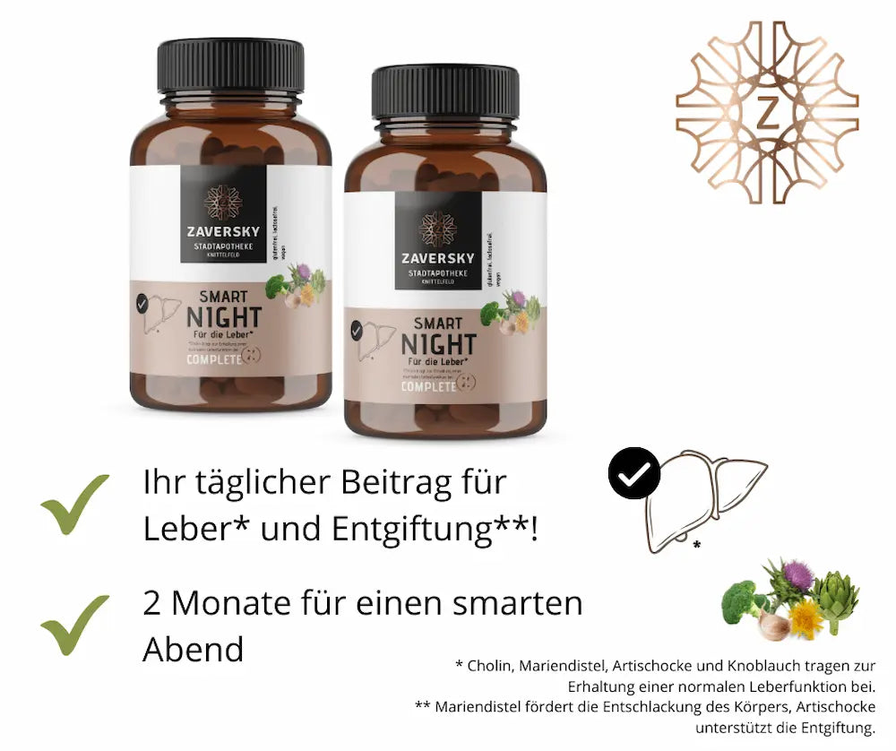 Zwei Smart Night Complete Kapseldosen aus Braunglas von Zaversky Stadtapotheke für Leber und Entgiftung, 2-Monats-Vorrat