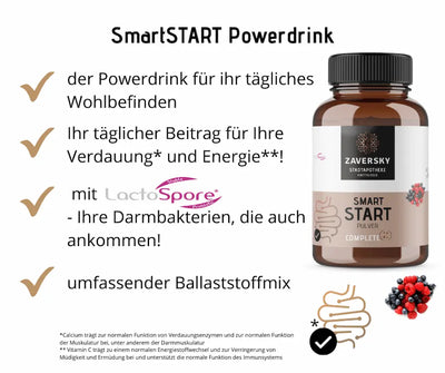 SmartSTART Powerdrink von Zaversky Stadtapotheke in brauner Dose mit Vorteilen für Verdauung, Energie und LactoSpore Darmbakterien.