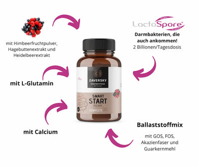 Smart Start Pulver Complete von Zaversky im Braunglas mit Merkmalen wie Himbeerfruchtpulver, L-Glutamin, Calcium, LactoSpore und Ballaststoffmix