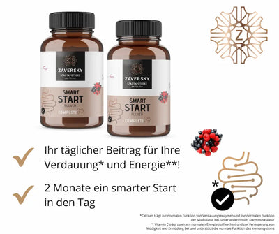 Zwei Smart Start Pulver Complete Dosen aus Braunglas mit Zaversky Stadtapotheke Etikett, Beeren-Motiv und Hinweisen zu Verdauung und Energie.