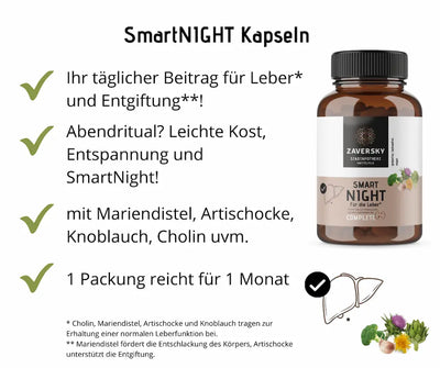 SmartNight Kapseln von Zaversky in Braunglas mit Mariendistel, Artischocke und Knoblauch, Vorteilsübersicht für Leber und Entgiftung