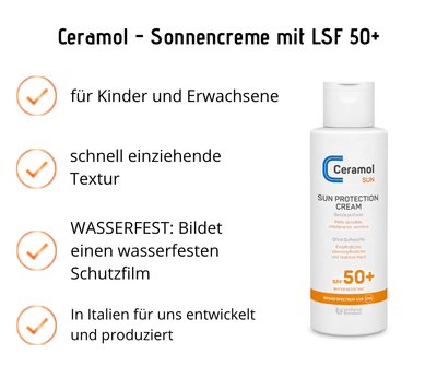 Ceramol Sun Protection Cream LSF 50+ in weißer Flasche mit Produktmerkmalen für Kinder, Erwachsene und empfindliche Haut.