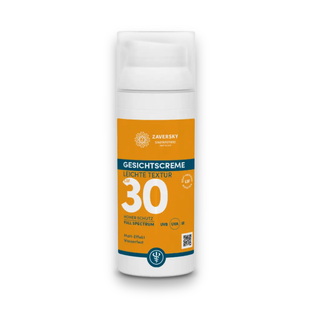 Zaversky Gesichtscreme LSF 30 mit Pumpspender, oranges Etikett, hoher Schutz, matter Effekt, wasserfest.