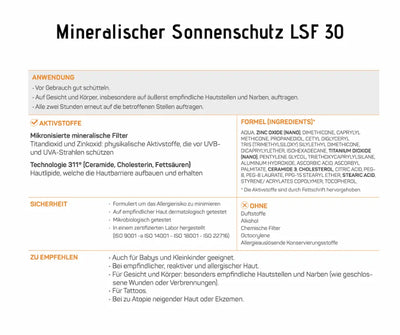 Infografik zum mineralischen Sonnenschutz LSF 30 mit Anwendung, Aktivstoffen, Inhaltsstoffen, Sicherheitshinweisen und Empfehlungen