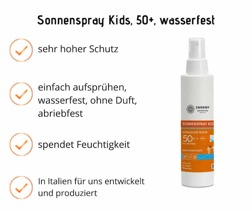 Sonnenspray Kids von Zaversky, LSF 50+, weiße Sprühflasche mit orangem Etikett, Infografik: sehr hoher Schutz, wasserfest, ohne Duft, abriebfest