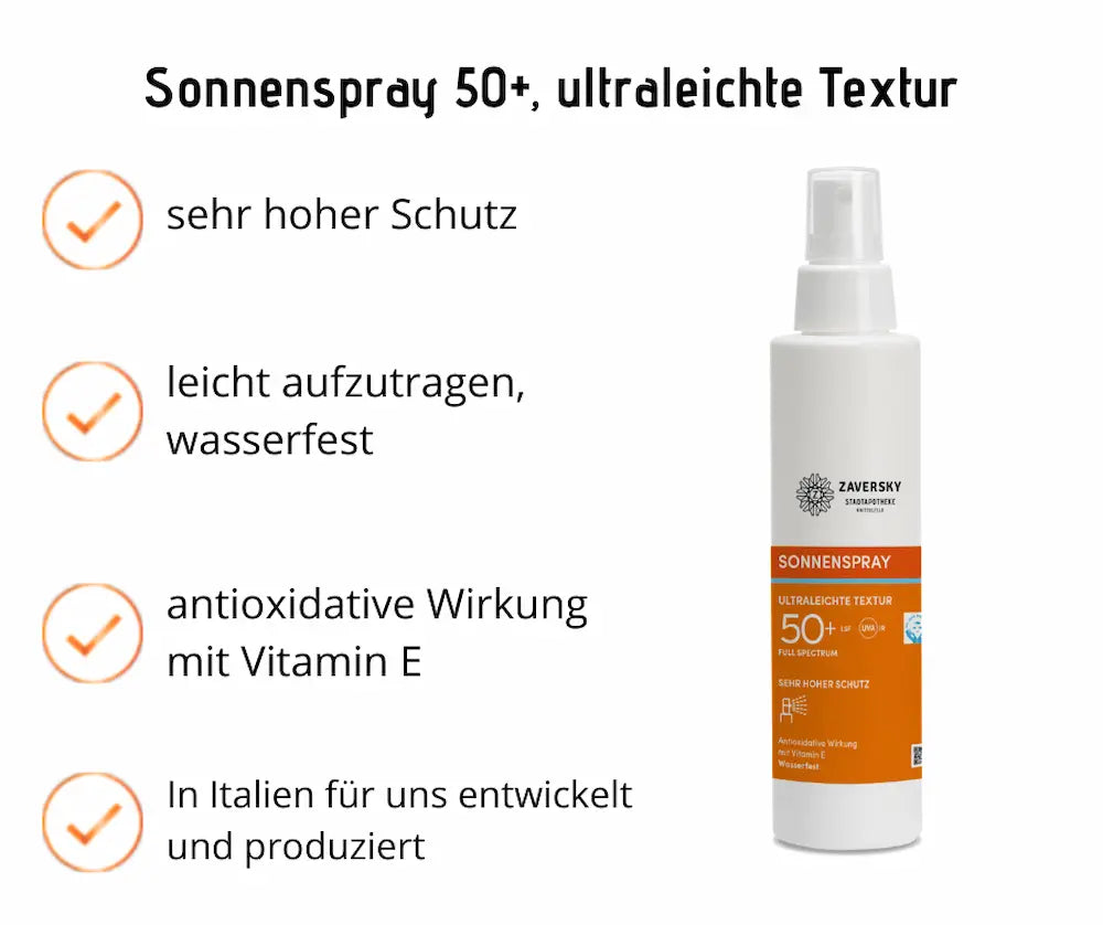 Sonnenspray 50+ von Zaversky in weißer Sprühflasche mit orangem Etikett, Infografik zu sehr hohem Schutz, wasserfest und Vitamin E