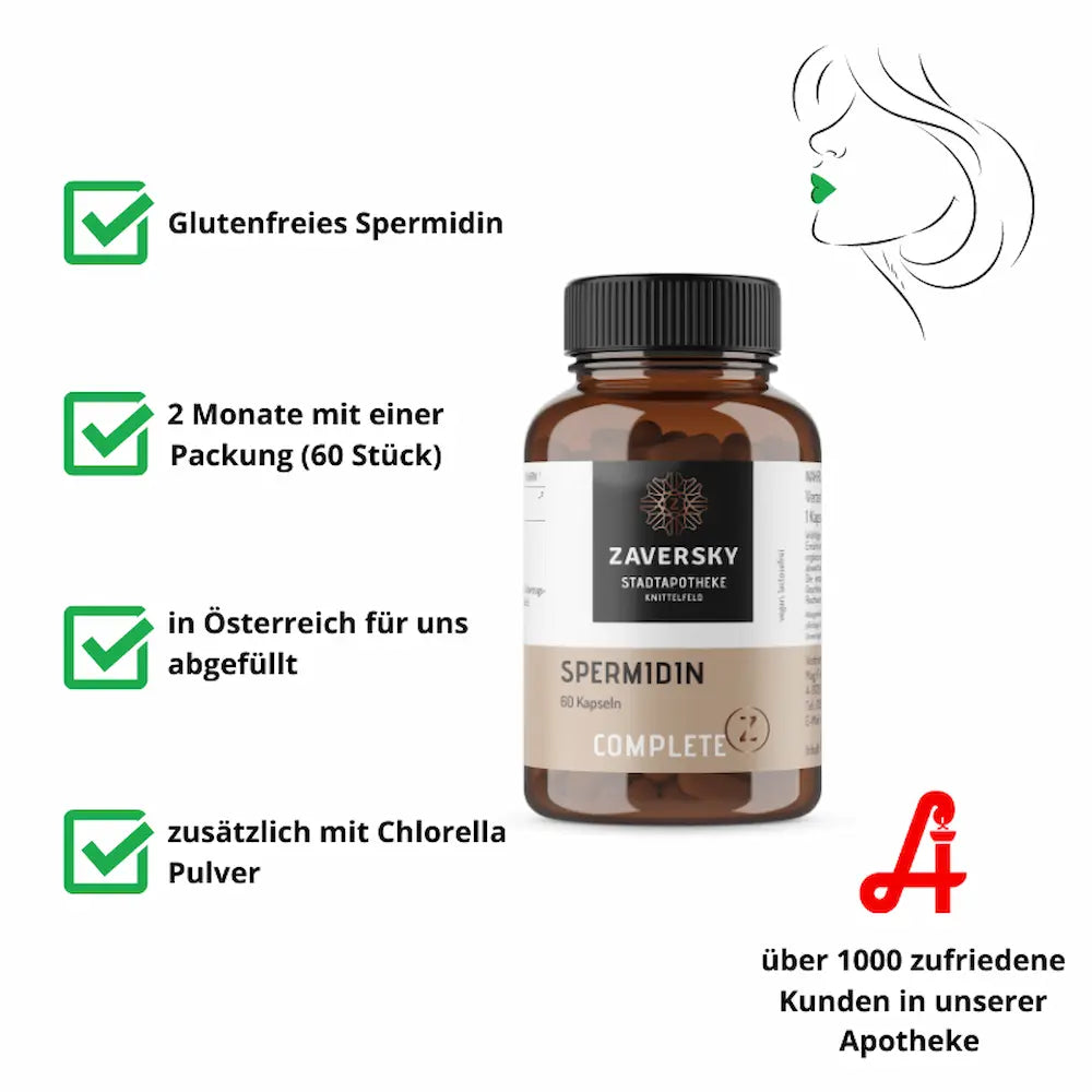 Spermidin Complete Kapseln von Zaversky Stadtapotheke Knittelfeld im Braunglas mit 60 Kapseln, Infografik mit Produktvorteilen