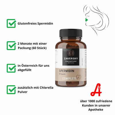 Spermidin Complete Kapseln von Zaversky Stadtapotheke Knittelfeld im Braunglas mit 60 Kapseln, Infografik mit Produktvorteilen