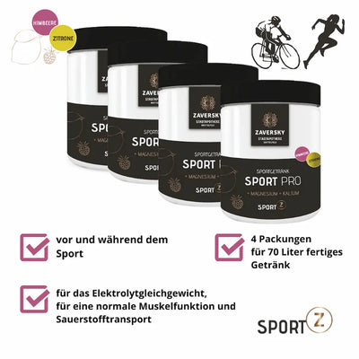 Zaversky Sport Pro Sportgetränk mit Magnesium und Kalium, Geschmack Himbeere-Zitrone, vier Dosen mit Infografik zur Anwendung