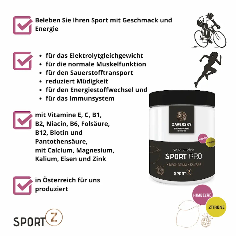 Infografik zu Sport Pro Sportgetränk Himbeere Zitrone von Zaversky Stadtapotheke mit Dose, Vitaminen, Mineralstoffen und Vorteilen für Sportler