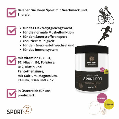 Infografik zu Sport Pro Sportgetränk Himbeere Zitrone von Zaversky Stadtapotheke mit Dose, Vitaminen, Mineralstoffen und Vorteilen für Sportler