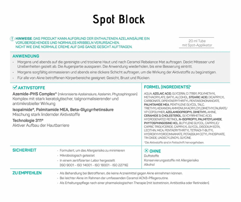 Infografik Spot Block: konzentrierte Creme gegen Unreinheiten mit Anwendung, Aktivstoffen und Inhaltsstoffen, 20 ml Tube