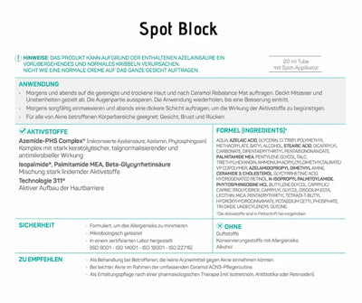 Infografik Spot Block: konzentrierte Creme gegen Unreinheiten mit Anwendung, Aktivstoffen und Inhaltsstoffen, 20 ml Tube