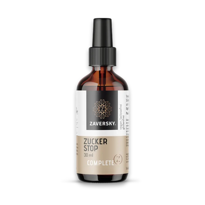 Zaversky Zucker Stop Complete Sprayflasche, 30 ml, braunes Glas mit Pumpsprüher, vegan, laktose- und glutenfrei.