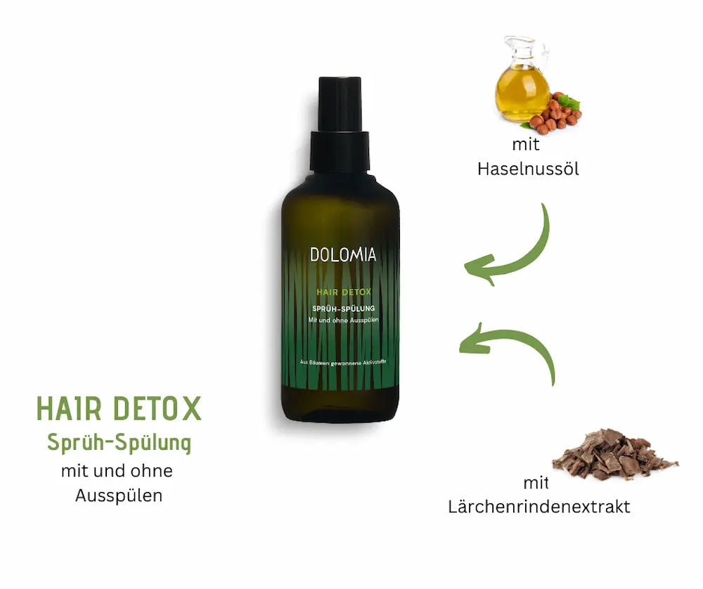 Dolomia Hair Detox Sprüh-Spülung in dunkelgrüner Flasche mit Haselnussöl und Lärchenrindenextrakt als Inhaltsstoffe