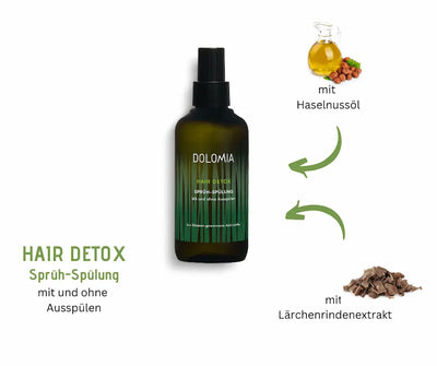 Dolomia Hair Detox Sprüh-Spülung in dunkelgrüner Flasche mit Haselnussöl und Lärchenrindenextrakt als Inhaltsstoffe