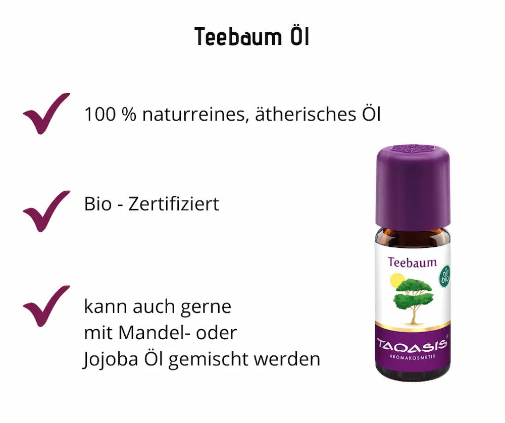 Infografik zu Taoasis Teebaum Öl in brauner Glasflasche mit lila Kappe, mit Hinweisen 100 % naturrein, bio-zertifiziert und mischbar
