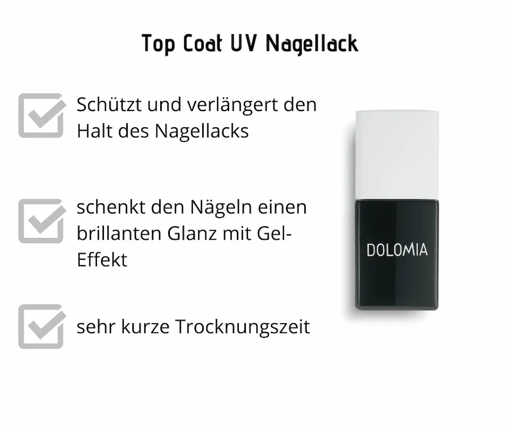 Dolomia Top Coat UV Nagellack in schwarzer Flasche mit weißem Deckel, Infografik zu Halt, Gel-Glanz und kurzer Trocknungszeit