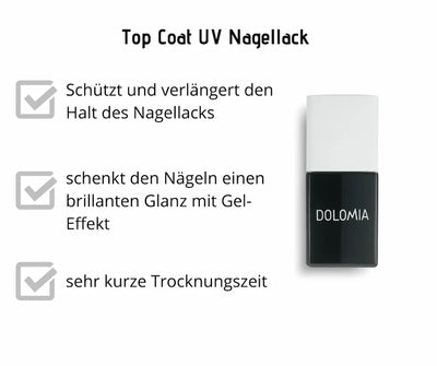 Dolomia Top Coat UV Nagellack in schwarzer Flasche mit weißem Deckel, Infografik zu Halt, Gel-Glanz und kurzer Trocknungszeit