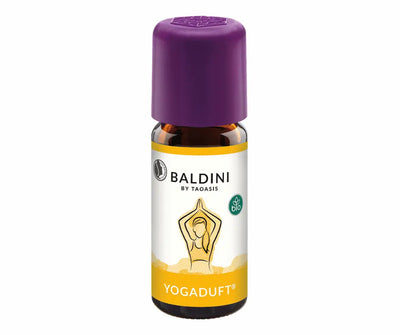 Baldini by Taoasis Yogaduft Bio Tropfenflasche aus braunem Glas mit lila Deckel und gelbem Etikett mit Yoga-Figur, Vorderansicht