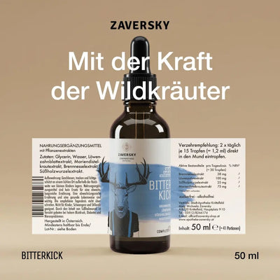 Braunglas-Tropfenflasche Zaversky Bitter Kick mit Pipette, Etikett mit Hirsch-Motiv und Schriftzug „Mit der Kraft der Wildkräuter", 50 ml
