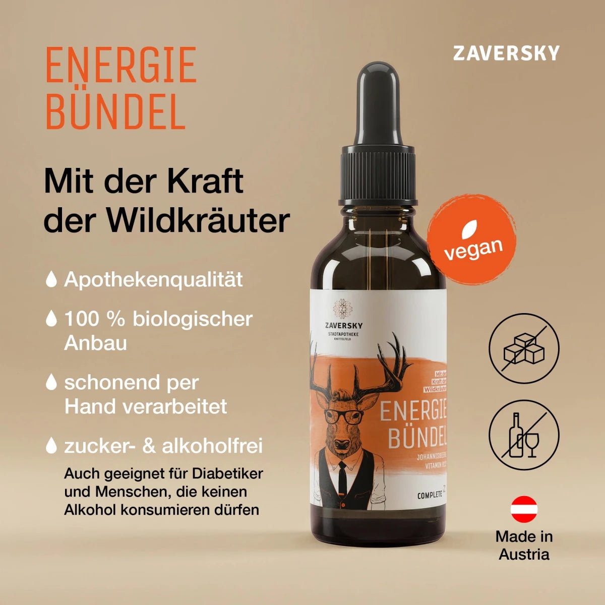 Zaversky Energie Bündel Tropfenflasche aus Braunglas mit Hirsch-Etikett, vegan, zucker- und alkoholfrei, Made in Austria