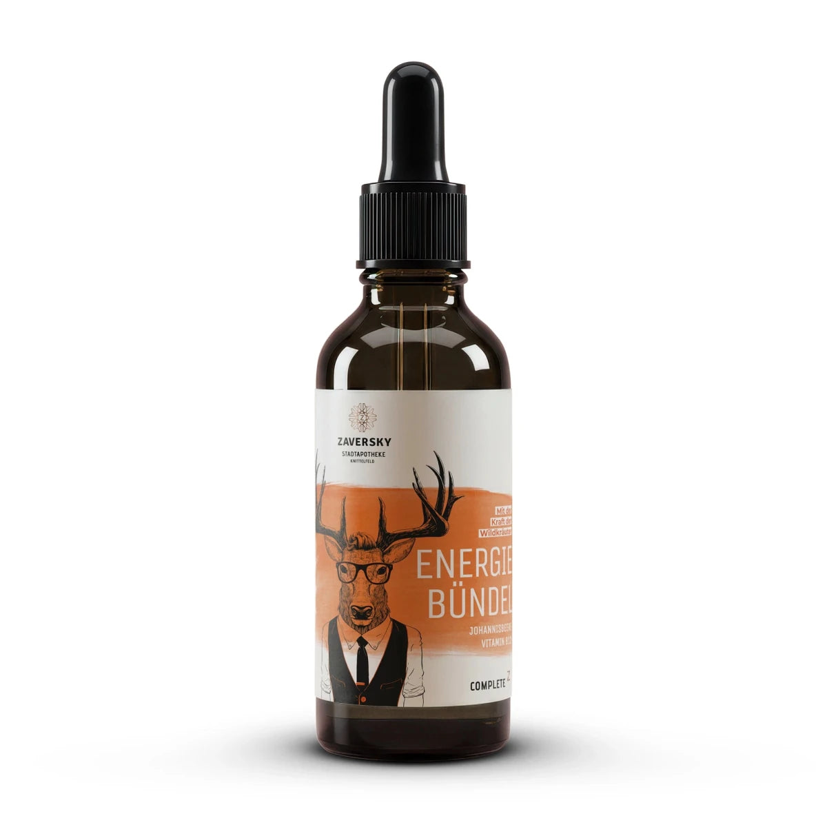 Braunglas-Tropfflasche Energie Bündel von Zaversky mit Pipette, orange-weißem Etikett und Hirsch-Illustration mit Brille