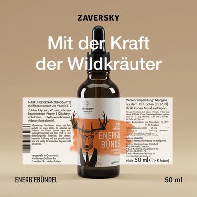Zaversky Energiebündel Tropfenflasche aus Braunglas mit Hirsch-Illustration, Slogan „Mit der Kraft der Wildkräuter" und Etikettentext, 50 ml
