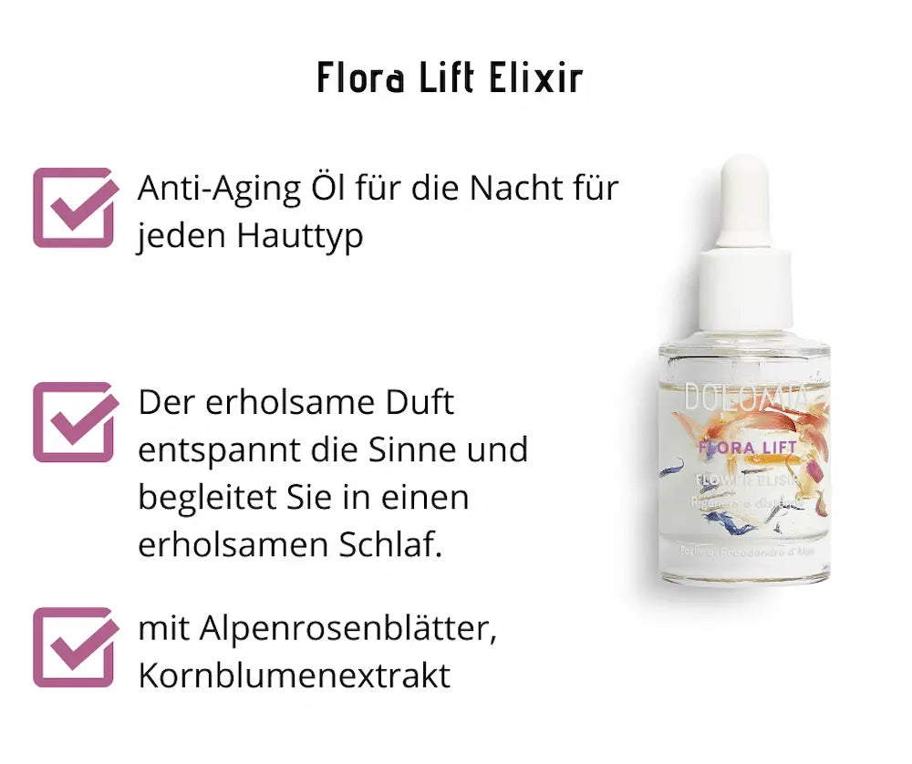 Dolomia Flora Lift Flower Elixir Tropfenflasche mit Produktmerkmalen: Anti-Aging Öl für die Nacht, mit Alpenrosenblätter und Kornblumenextrakt