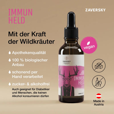 Zaversky Immun Held Tropfenflasche aus Braunglas mit pinkem Hirsch-Etikett, vegan, zucker- und alkoholfrei, Made in Austria