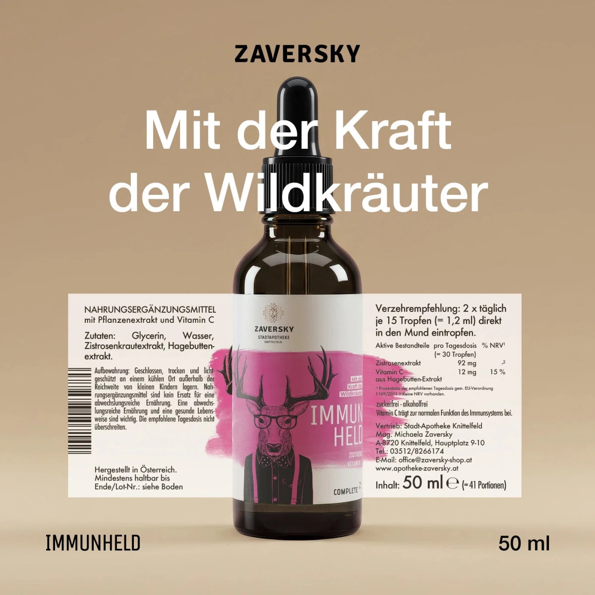 Zaversky Immun Held Tropfenflasche aus Braunglas mit Pipette und pinkem Hirsch-Etikett, daneben Zutaten und Verzehrempfehlung, 50 ml