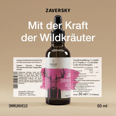 Zaversky Immun Held Tropfenflasche aus Braunglas mit Pipette und pinkem Hirsch-Etikett, daneben Zutaten und Verzehrempfehlung, 50 ml