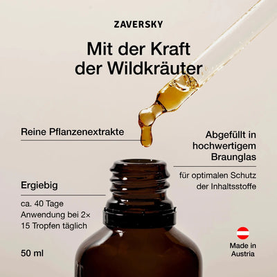 Zaversky Wildkräuter-Tropfen Immun Held in Braunglasflasche mit Pipette, Infografik zu reinen Pflanzenextrakten, 50 ml, Made in Austria
