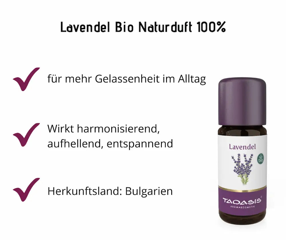 Taoasis Lavendel Bio Naturduft 100% in brauner Tropfenflasche mit violettem Deckel, daneben Produktvorteile und Herkunftsland Bulgarien.