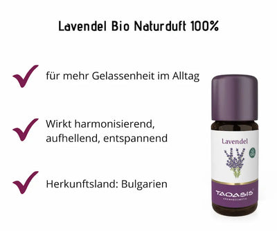 Taoasis Lavendel Bio Naturduft 100% in brauner Tropfenflasche mit violettem Deckel, daneben Produktvorteile und Herkunftsland Bulgarien.