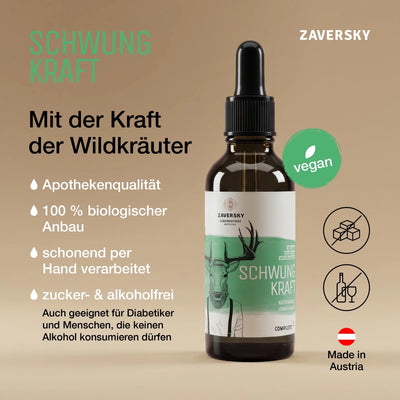 Zaversky Schwung Kraft Tropfenflasche aus Braunglas mit Pipette, Hirsch-Etikett, vegan, zucker- und alkoholfrei, Made in Austria