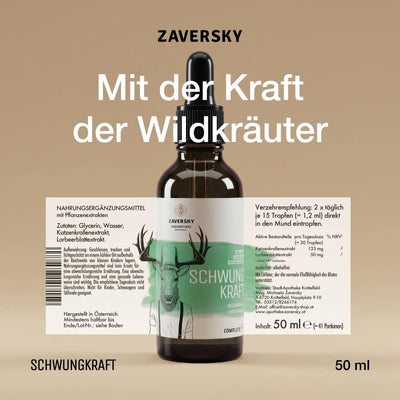 Zaversky Schwung Kraft Tropfen in brauner Glasflasche mit Pipette, grünem Hirsch-Etikett und Slogan „Mit der Kraft der Wildkräuter", 50 ml