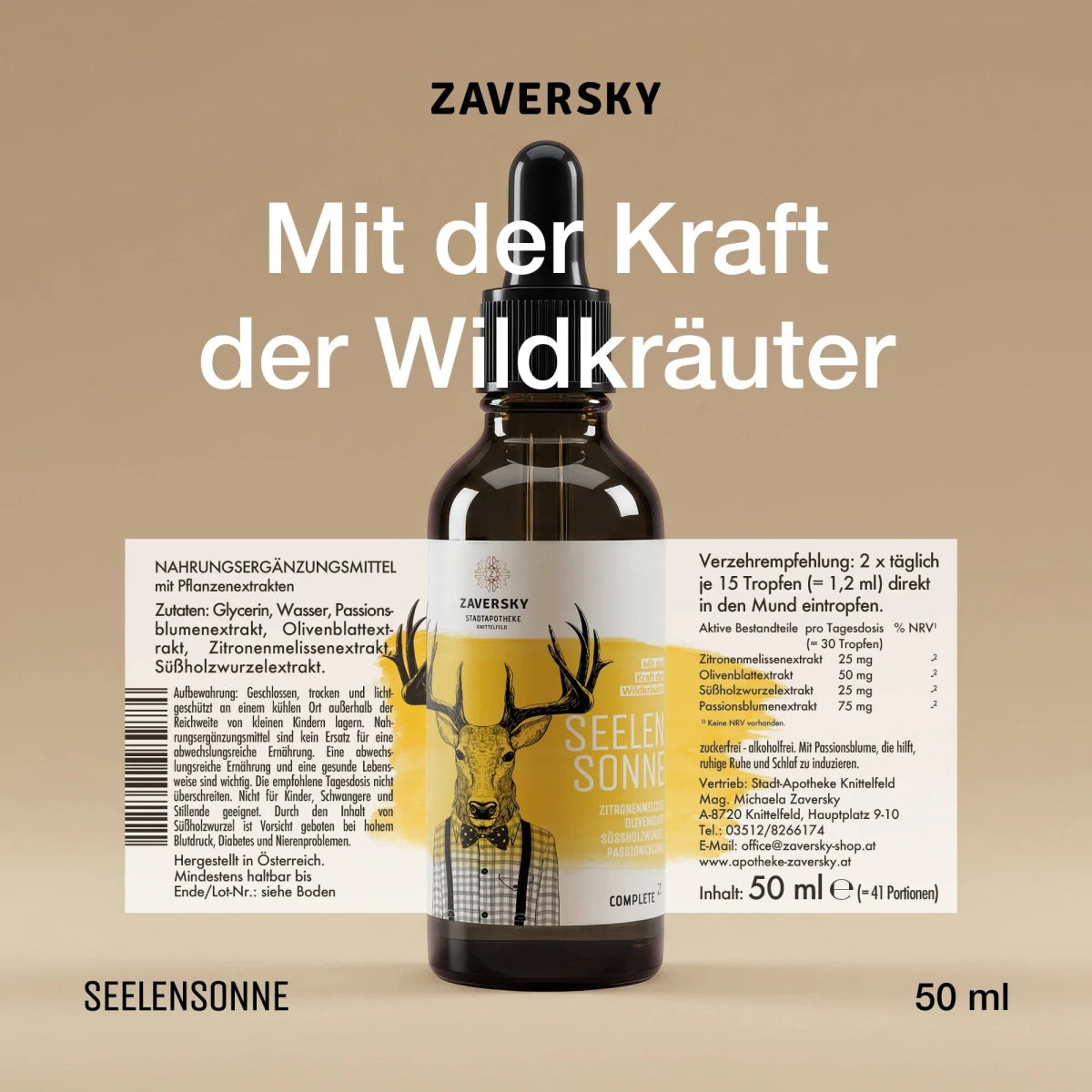 Seelensonne Tropfenflasche aus Braunglas mit schwarzer Pipette und gelbem Hirsch-Etikett, Schriftzug „Mit der Kraft der Wildkräuter“, 50 ml
