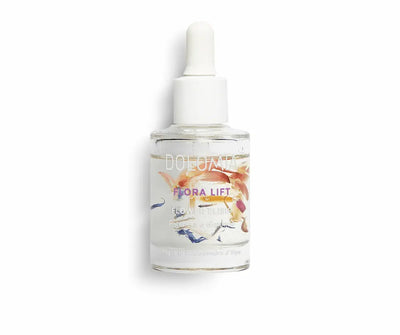 Transparente Tropfenflasche Dolomia Flora Lift Flower Elixir mit weißer Pipette und sichtbaren bunten Blütenblättern im Inneren