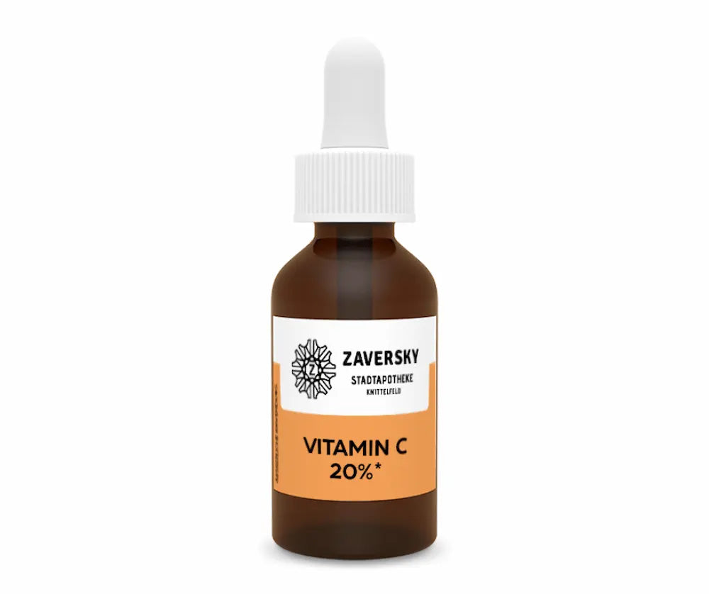 Zaversky Vitamin C 20% Serum in brauner Tropfflasche mit weißer Pipette und orange-weißem Etikett, Vorderansicht