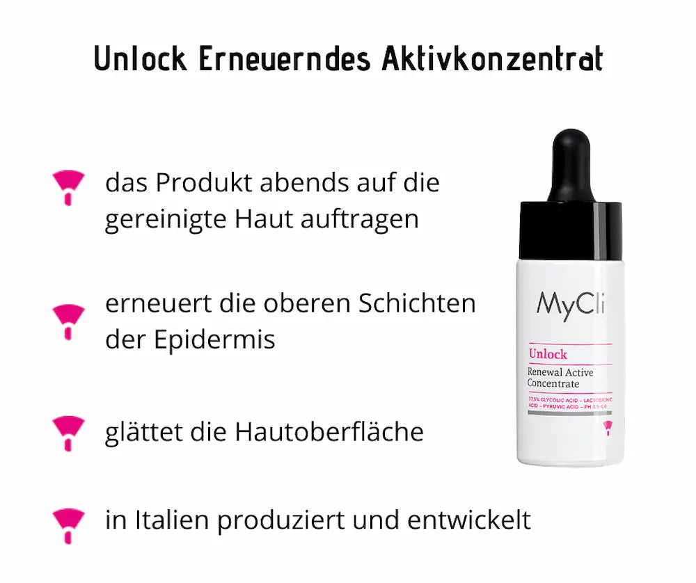 MyCli Unlock Renewal Active Concentrate in weißer Tropfflasche mit schwarzer Pipette, Anwendungshinweise und Merkmale