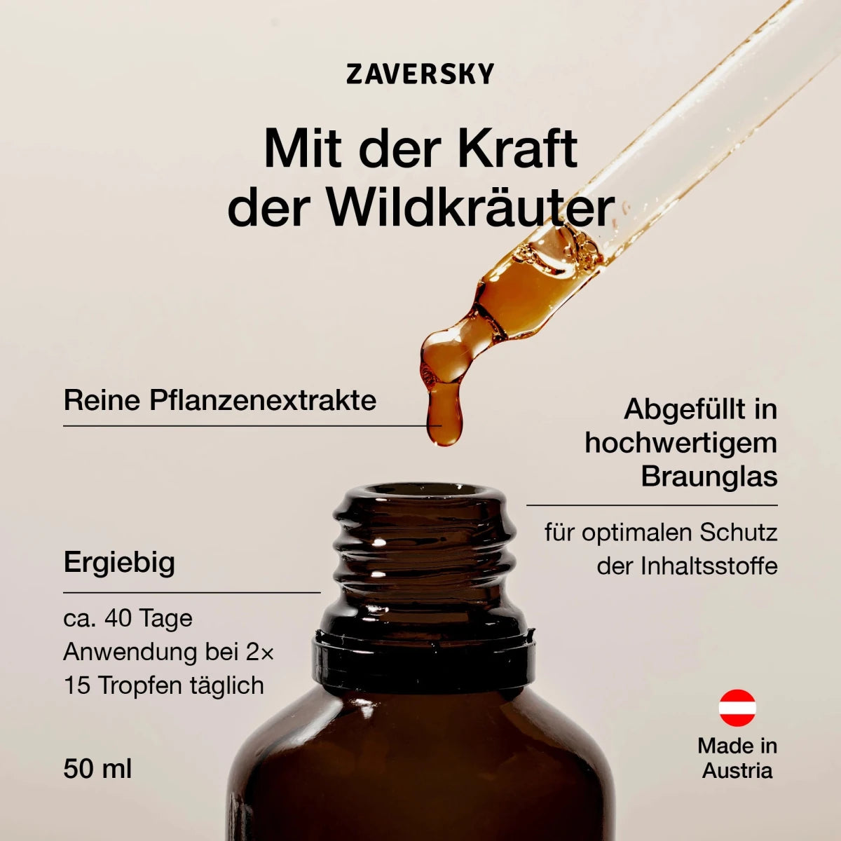 Zaversky Infografik mit geöffneter Braunglas-Tropfenflasche und Pipette, aus der bernsteinfarbene Tropfen fallen, Hinweis 50 ml, Made in Austria