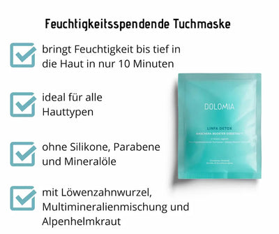 Feuchtigkeitsspendende Tuchmaske Dolomia Linfa Detox im türkisen Sachet mit Übersicht der vier wichtigsten Produktvorteile