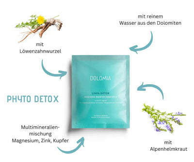 Türkisfarbenes Sachet der Dolomia Linfa Detox Tuchmaske mit Hinweisen auf Löwenzahnwurzel, Alpenhelmkraut und Mineralien