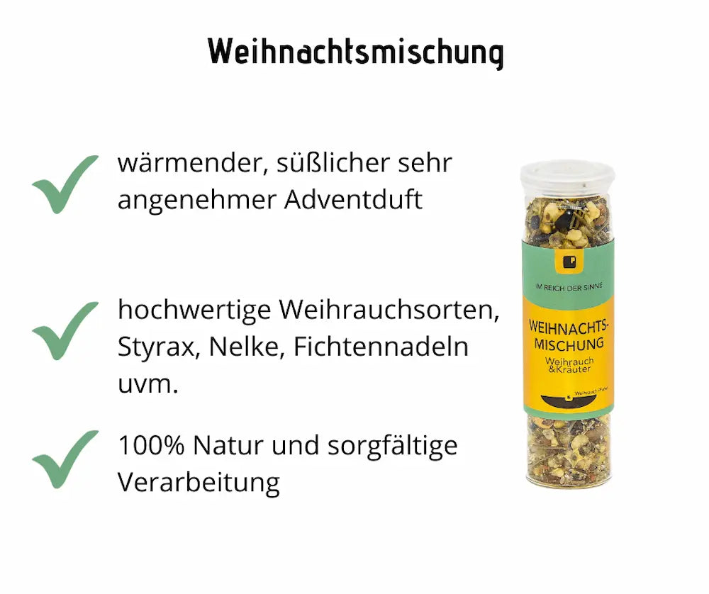 Infografik zur Weihnachtsmischung Weihrauch & Kräuter im Glas mit Etikett, mit Hinweisen auf süßlich-wärmenden Adventduft, hochwertige Weihrauchsorten und 100% Natur