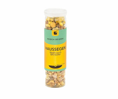 Transparentes Glasröhrchen „Haussegen" mit Weihrauch und Kräutern, grün-gelbes Etikett, gefüllt mit Harzgranulat, Vorderansicht