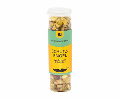 Glasdose Schutz-Engel Weihrauch & Kräuter mit weißem Deckel, gefüllt mit Weihrauchharz und Kräutermischung, gelb-grünes Etikett