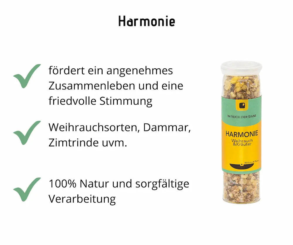 Infografik zu Harmonie Weihrauch & Kräuter im Glasröhrchen mit gelb-grünem Etikett, mit Hinweisen zu friedvoller Stimmung, Weihrauchsorten und 100% Natur