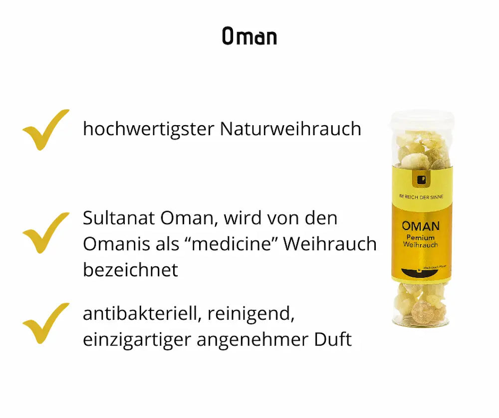 Infografik zu Oman Naturweihrauch im Röhrchen mit gelbem Etikett und hellen Harzstücken, Hinweise auf antibakteriell, reinigend und angenehmen Duft