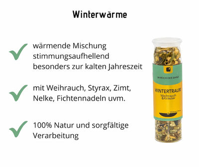Infografik Wintertraum Weihrauch & Kräuter im Glas mit grün-gelbem Etikett, Hinweisen zu wärmender, stimmungsaufhellender Mischung mit Weihrauch und Zimt